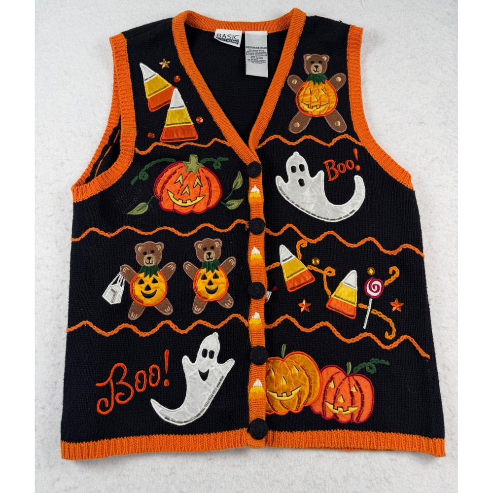 Vintage Basic Editions 90s Halloween Sweater Vest Pumpkin Ghost Medium Black